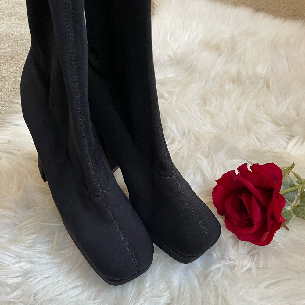 Vintage 90s  Grunge Square Toe stretch fabric/Sock knee-high boots - Picture 4 of 16